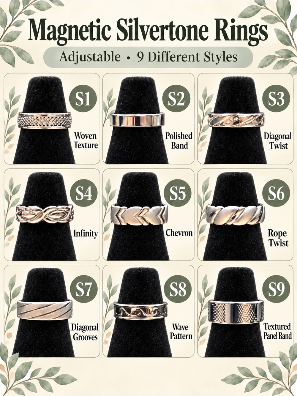 Adjustable Silver-Tone Magnetic Ring Set - 9 Stackable Styles
